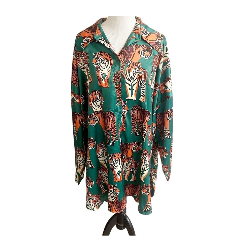 LALA Shirt Dress Womens L/XL Green Orange Tiger Print Satin Button Front Outdoor